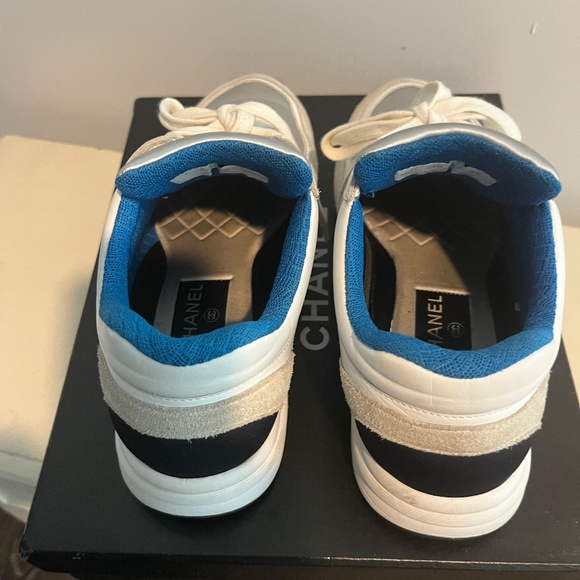 CHANEL White and Blue Sneakers with Cushioned Soles - Picture 4 of 12